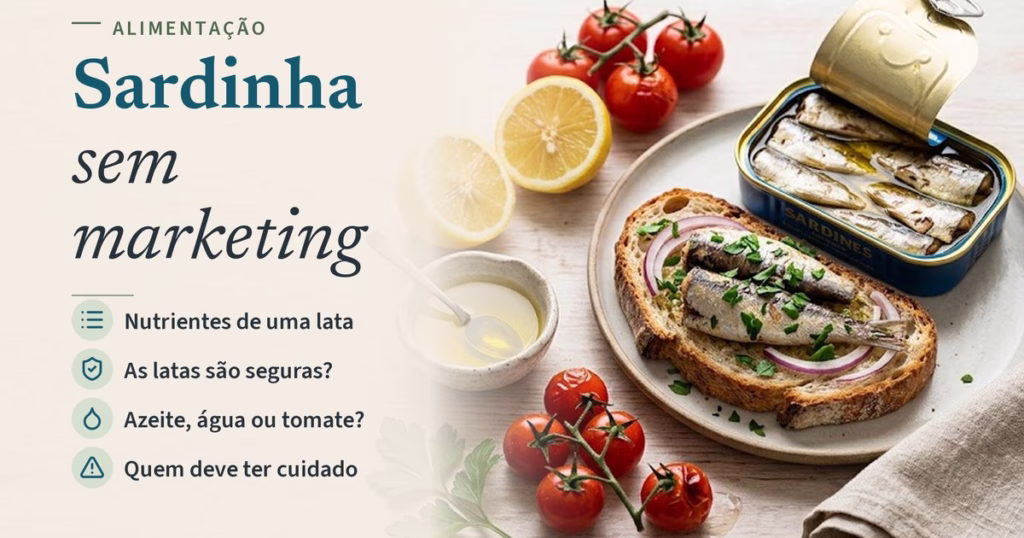 Lata de sardinhas em azeite aberta, ao lado de uma tosta de pão de massa-mãe com sardinhas, cebola roxa e salsa, limão e tomate-cereja.