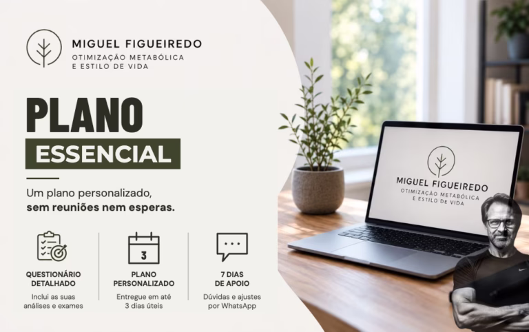 Plano Essencial de Miguel Figueiredo: questionário detalhado, plano personalizado em até 3 dias úteis e 7 dias de apoio por WhatsApp