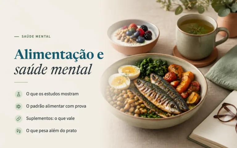 Alimentação e saúde mental. Taça com sardinhas, ovo, grão e legumes, iogurte com frutos vermelhos e chá