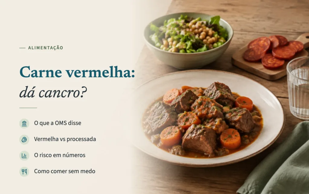 Carne vermelha: dá cancro? Estufado de carne com cenoura, salada com grão e rodelas de chouriço