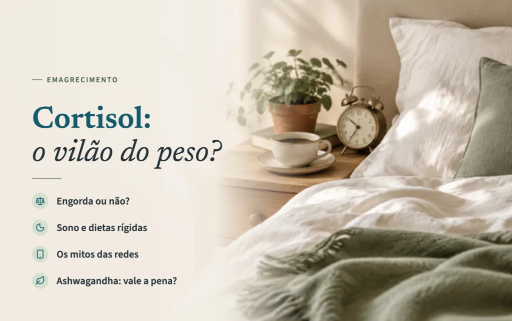Mesa de cabeceira com despertador, chávena de café e planta junto a uma cama com lençóis de linho à luz da manhã