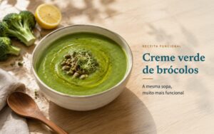 Taça de creme verde de brócolos com azeite, sementes de abóbora e rebentos, com o título Creme verde de brócolos, a mesma sopa, muito mais funcional