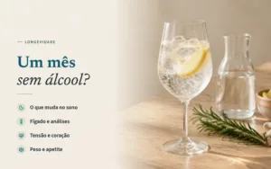 Copo de vinho com água com gás, gelo e limão, ao lado de um jarro de água e um raminho de alecrim numa mesa de madeira