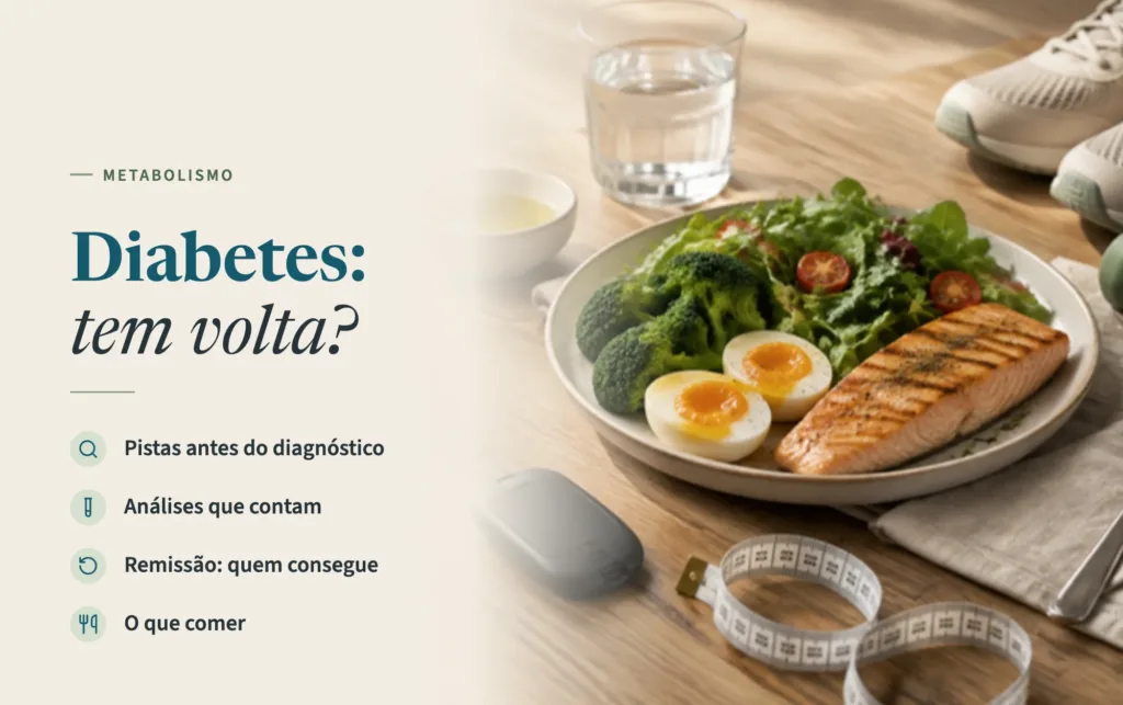 Salmão grelhado com ovos e salada num prato, azeite, copo de água, fita métrica e medidor de glicose numa mesa de madeira