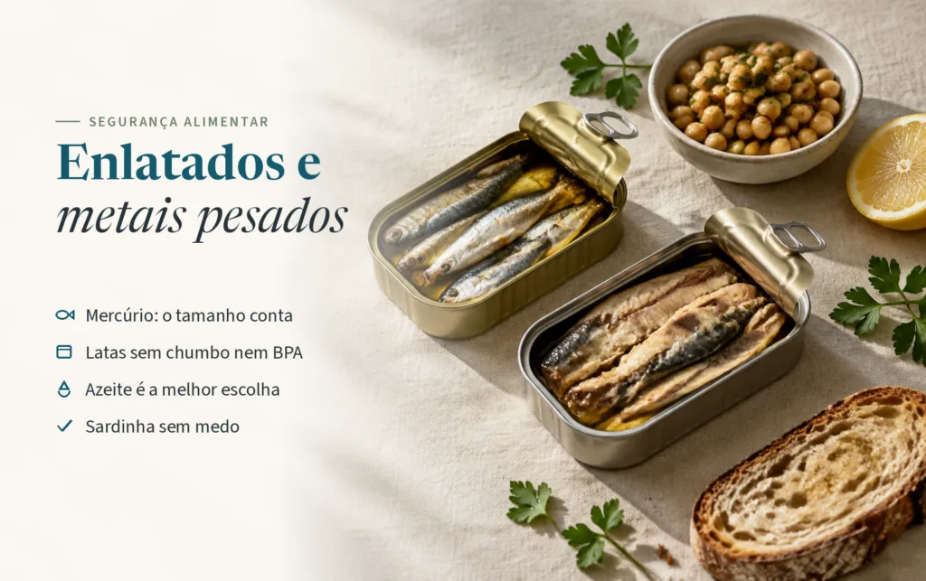 Capa do artigo Enlatados e metais pesados, com latas de sardinha e cavala em azeite