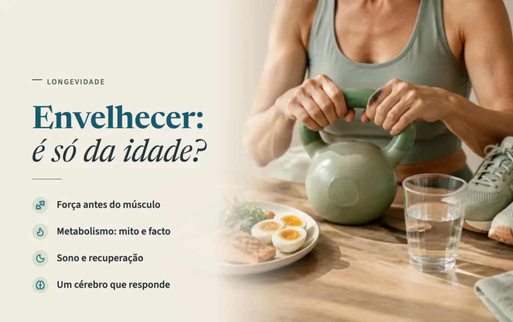 Mulher com kettlebell junto a um prato com salmão, ovos e legumes