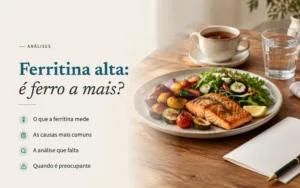 Ferritina alta: é ferro a mais? Prato com salmão grelhado, legumes e salada, chá e uma folha de análises
