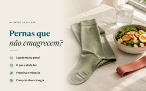 Meias de compressão verdes, salada com salmão e ovo, copo de água e banda elástica numa toalha de linho