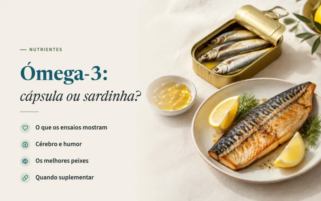 Capa do artigo sobre ómega-3: lata de sardinhas, cavala assada com limão e cápsulas de óleo de peixe