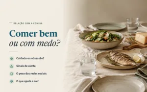 Mesa posta para uma refeição partilhada com salada, peixe grelhado, queijo e bolo