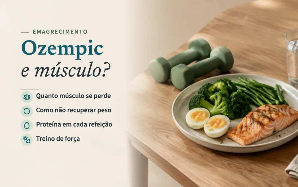 Halteres verdes, prato com salmão grelhado, ovos cozidos e legumes verdes, e um copo de água numa mesa de madeira