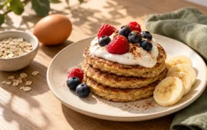 Pilha de panquecas de aveia e banana com skyr, framboesas e mirtilos por cima, rodelas de banana, aveia e um ovo numa mesa de madeira