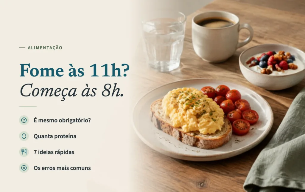 Ovos mexidos sobre tosta de massa-mãe com tomate-cereja, iogurte com frutos vermelhos e nozes, café e água numa mesa de madeira