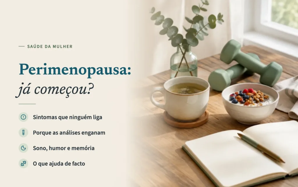 Chávena de chá, caderno aberto, halteres verdes e taça de iogurte com frutos vermelhos numa mesa junto a uma janela