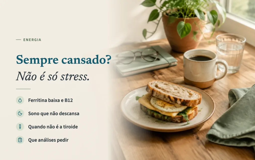 Tosta de pão de massa-mãe com ovo e queijo, chávena de café, copo de água e óculos sobre um caderno numa mesa de madeira