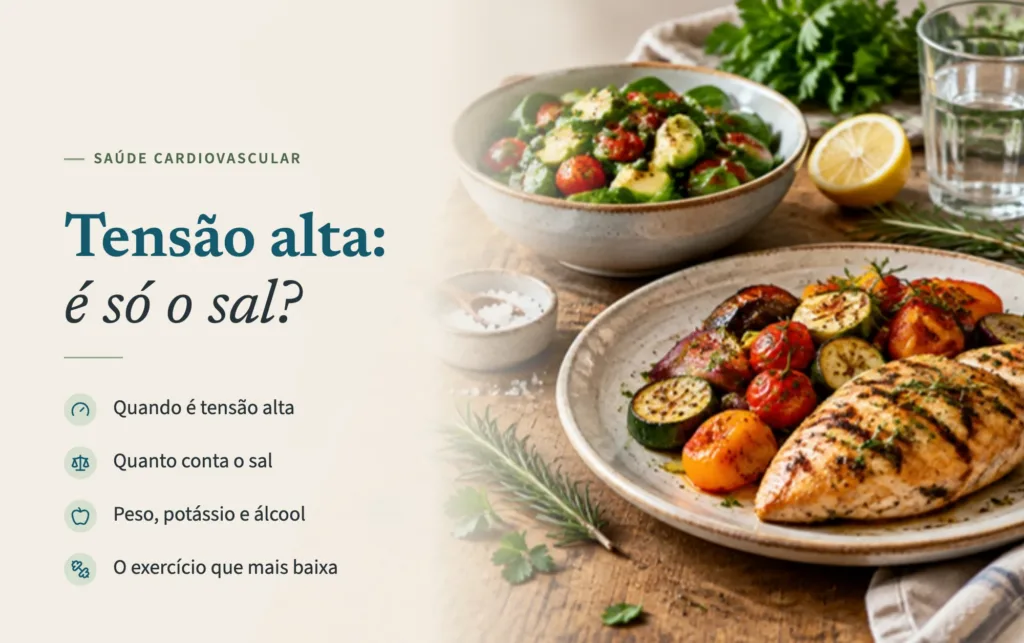 Tensão alta: é só o sal? Frango grelhado com legumes, salada com abacate, taça de sal grosso e ervas frescas